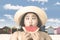 Woman with squint-eyed and watermelon