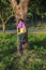 Woman stading at the tree and reading a book in the park