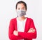 Woman stand crossed arm wearing face mask protective against coronavirus or COVID-19