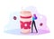 Woman Stand at Paper Disposable Mug with Hot Drink for Xmas Beverage, Cocoa. Tiny Female Character Decorate Huge Cup