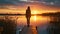 woman standing on a boardwalk, enjoying a peaceful lakeside sunset generative ai