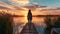 woman standing on a boardwalk, enjoying a peaceful lakeside sunset generative ai