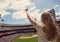 Woman standing and cheering at a baseball game