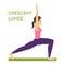 Woman standing in crescent lunge yoga pose. Female