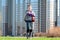 Woman standing on green field