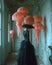 Woman standing in a lavishly decorated room with jellyfish suspended above her, AI-generated.