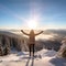 A woman standing on a mountaintop, arms outstretched and face turned towards the sun