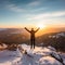 A woman standing on a mountaintop, arms outstretched and face turned towards the sun