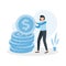 Woman is standing near a big coin money. Earning, saving and investing money concept