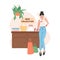 Woman standing near counter with pirses and textile vector cartoon illustration. Wardrobe store, seasonal sale template.