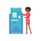 Woman Standing Next To ATM Cash Machine. Bank Service, Account Management And Financial Affairs Themed Vector