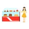 Woman Standing Next To Display Case With Cake Assortment, Smiling Person Having A Dessert In Sweet Pastry Cafe Vector