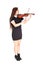 A woman standing and playing the violin in a black dress