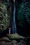 Woman standing on the rock, practicing yoga. Young woman raising arms with namaste mudra near waterfall. Leke Leke waterfall, Bali