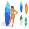 Woman is standing with a surfboard in his hands. Flat 3d vector isometric illustration. Extreme water sports.