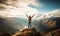 A woman standing on top of a mountain with her arms in the air