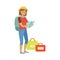 Woman standing with traveling backpack and bags, holding map in her hands. Colorful cartoon character