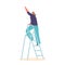 Woman Stands On The Ladder, Pointing Upwards With A Confident Expression, As If Showing The Path To Success