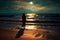 A woman stands on a moonlit beach, with gentle waves softly lapping at her feet