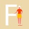 A woman stands near a large the letter F. A flat cartoon character with an upper case letter. Vector illustration. Eps