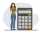 A woman stands next to a calculator. Financial presentation, audit or professional accounting service, cost calculation.