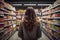 A woman stands poised amidst the aisles of a bustling supermarket