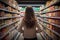 A woman stands poised amidst the aisles of a bustling supermarket