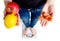 A woman stands on scales in the hands of an apple lemon centimeter