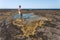 Woman stands by a small rock pool edged with yellow seaweed