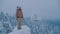 Woman stands on top of a mountain, enjoying fantastic winter northern landscape