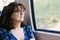 Woman staring thoughtfully out of train window