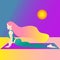 A woman started in yoga with a cobra pose. Bhujangasana. Colorful  illustration Flat character design. fashion colors