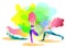 A woman started in yoga with a cobra pose. Bhujangasana. Colorful  illustration Flat character design. Indigo fashion colors