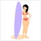 Woman stay with surfboard.