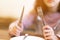 A woman with Steak knife and empty white dish in Steak house,A hungry women waiting for some food