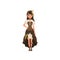 Woman in steampunk outfit. Young girl in blouse with sleeves, corset, skirt with bustle and boots. Fancy clothes for