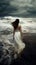 woman storm cloud beach ocean sea summer nature dress outdoors sky. Generative AI.