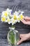 A woman straightens a bouquet of ordinary and terry daffodils standing in a bottle. A ribbon bow is tied to the neck of the bottle