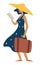 Woman in straw hat with baggage reading brochure at airport