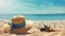 woman straw hat with blue bow and seashell on beach sand at mediterranean sea summer background copy space