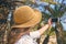 Woman in the straw hat taking selfie picture or video using smartphone in the palm forest. Seychelles islands.