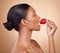 Woman, strawberry and skincare with natural beauty or benefits from healthy nutrition, diet and eating fruit. Girl