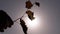 Woman Stretches Hand with a Dry Leafs into the Sky, to Sun on Sunset. Close up