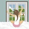 Woman stretching in bed after wake up. Concept for holidays and vacations. Summer scenery. Flat 