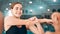 Woman stretching, fitness and swimmer arm, athlete start training at swimming pool for sports with smile. Exercise
