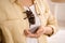 Woman with striped knee tarantula at home. Exotic pet