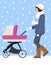 Woman with stroller going for a walk in a during lovely winter.young mother pushing baby trolley