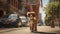 A woman strolls with her dog on the asphalt street, passing by car and trees