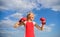 Woman strong boxing gloves raise hands blue sky background. Girl boxing gloves symbol struggle for female rights and