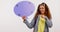 Woman, student and speech bubble with okay, yes or success hands for social media chat or review in studio. Face of